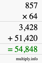 How to calculate 857 times 64 using long multiplication