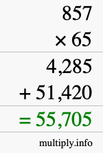 How to calculate 857 times 65 using long multiplication