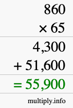 How to calculate 860 times 65 using long multiplication