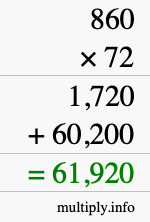 How to calculate 860 times 72 using long multiplication