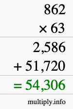 How to calculate 862 times 63 using long multiplication