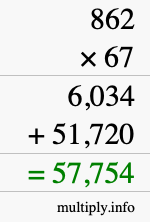 How to calculate 862 times 67 using long multiplication