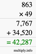 How to calculate 863 times 49 using long multiplication