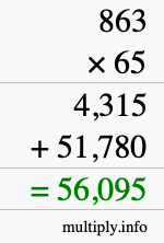 How to calculate 863 times 65 using long multiplication