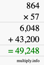 How to calculate 864 times 57 using long multiplication