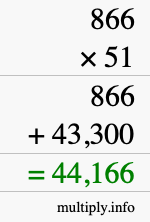 How to calculate 866 times 51 using long multiplication