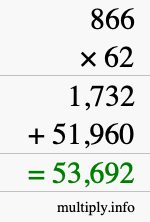 How to calculate 866 times 62 using long multiplication