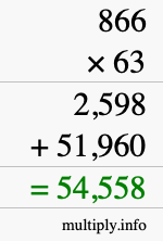 How to calculate 866 times 63 using long multiplication