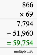 How to calculate 866 times 69 using long multiplication