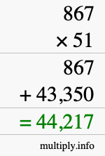 How to calculate 867 times 51 using long multiplication