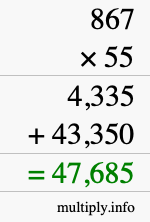 How to calculate 867 times 55 using long multiplication