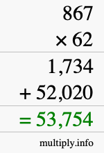 How to calculate 867 times 62 using long multiplication