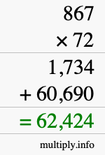 How to calculate 867 times 72 using long multiplication