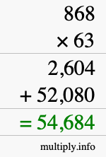 How to calculate 868 times 63 using long multiplication