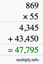 How to calculate 869 times 55 using long multiplication