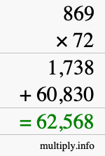 How to calculate 869 times 72 using long multiplication