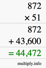 How to calculate 872 times 51 using long multiplication