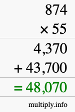 How to calculate 874 times 55 using long multiplication