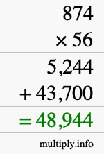 How to calculate 874 times 56 using long multiplication