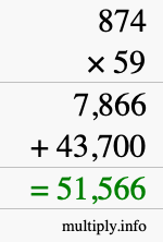 How to calculate 874 times 59 using long multiplication