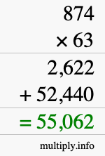 How to calculate 874 times 63 using long multiplication