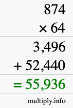How to calculate 874 times 64 using long multiplication How to calculate 874 times 64 using long multiplication