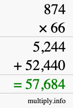 How to calculate 874 times 66 using long multiplication