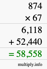 How to calculate 874 times 67 using long multiplication