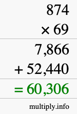 How to calculate 874 times 69 using long multiplication