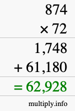 How to calculate 874 times 72 using long multiplication