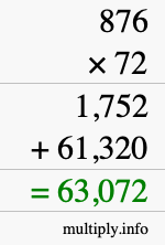 How to calculate 876 times 72 using long multiplication