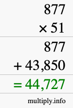 How to calculate 877 times 51 using long multiplication