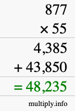 How to calculate 877 times 55 using long multiplication