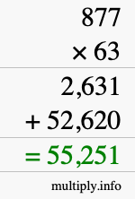 How to calculate 877 times 63 using long multiplication