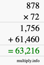 How to calculate 878 times 72 using long multiplication