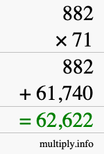 How to calculate 882 times 71 using long multiplication