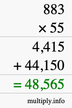 How to calculate 883 times 55 using long multiplication