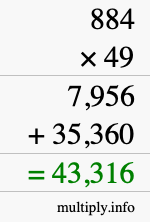 How to calculate 884 times 49 using long multiplication
