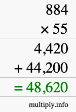 How to calculate 884 times 55 using long multiplication
