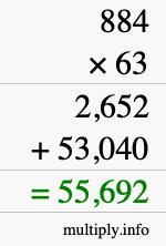 How to calculate 884 times 63 using long multiplication