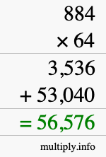 How to calculate 884 times 64 using long multiplication