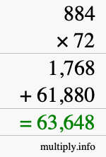 How to calculate 884 times 72 using long multiplication