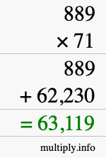 How to calculate 889 times 71 using long multiplication