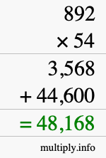 How to calculate 892 times 54 using long multiplication