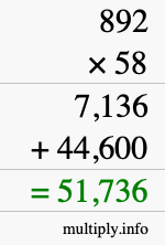 How to calculate 892 times 58 using long multiplication