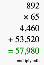 How to calculate 892 times 65 using long multiplication