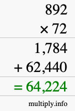How to calculate 892 times 72 using long multiplication