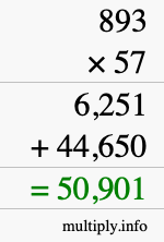 How to calculate 893 times 57 using long multiplication