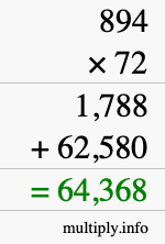 How to calculate 894 times 72 using long multiplication