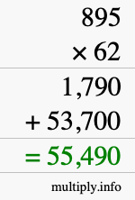 How to calculate 895 times 62 using long multiplication
